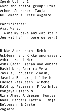 Speak Up! no 1  
work and editor group: Uzma Achmed Andresen, Tanja Nellemann & Grete Aagaard

Participants: 
Amal Wahab 			
I want my cake and eat it! / Jeg vil ha´  i pose og sekk! 


Rikke Andreassen, Behice Gskdemir and Rikke Andreassen, Ambara Hashi Nur 
Asha Qadar Hassan and Ambara Hashi Nur, America Vera-Zavala, Schuster Gindin,
Jasmina Ben ari, Lilibeth Cuenca Rasmussen, Wibeke Haldrup Pedersen, Filominita Mongaya Høgsholm 
Uzma Ahmed Andresen, Mumtaz Khan, Barbara Katzin, Tanja Nellemann & Grete Aagaard		
 