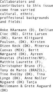 Collaborators and contributors to this issue come from varried cultural, ethnic, proffesional backgrounds and fields: 

Anke HAarmann (D), Emilian Cioc (RO), Gitte Larsen (DK), Karen Klitgaard Poulsen, (DK), Kirsten Otzen Keck (DK), Minerva Cuevas (MEX), Berit Nørgaard (DK), Ayreen Anastas (Palestine/NY), Matthie Laurette (F), Christopher Bruno (F), Tony de Marco (BRAZIL), Tine Hvolby (DK), Tina Lynge (DK), Anne Noller Nygaard (DK) Tanja Nellemann & Grete Aagaard (DK)